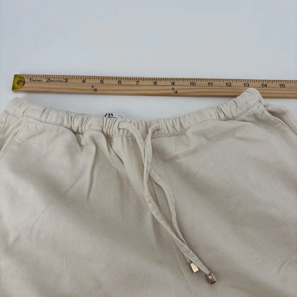 Zara Wide Leg Trousers Women Large Cream Bohemian Chic Drawstring Textured Twill